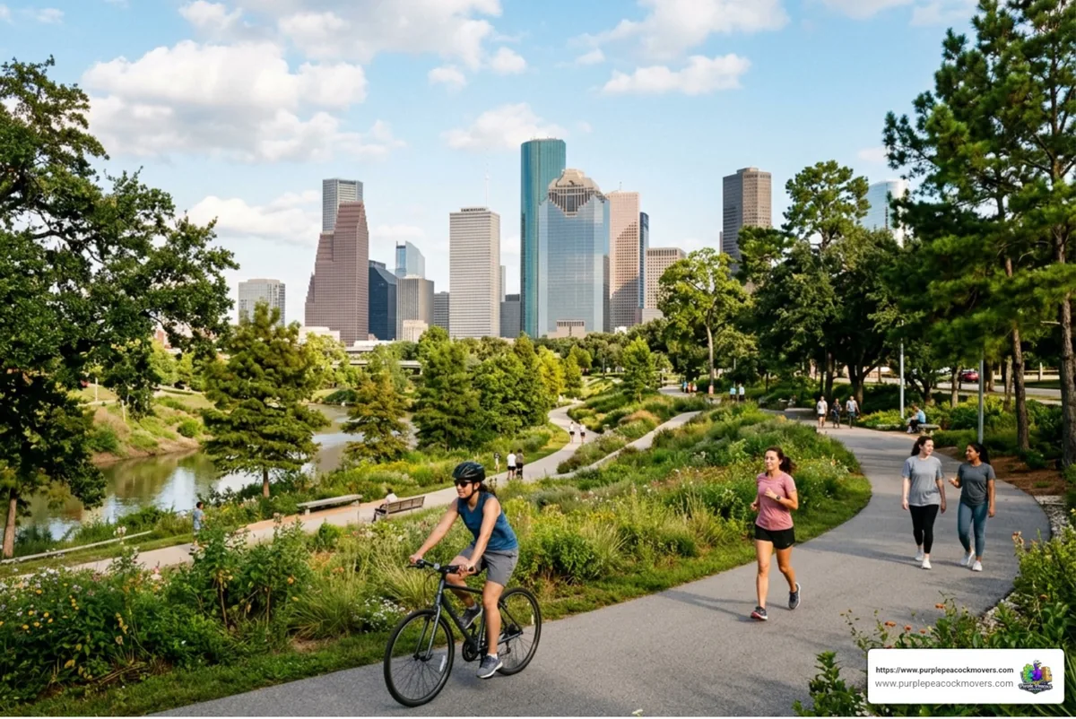 Buffalo Bayou Park with Houston skyline