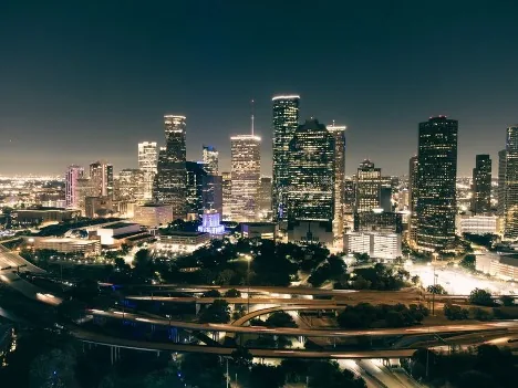 Houston skyline and freeways at night