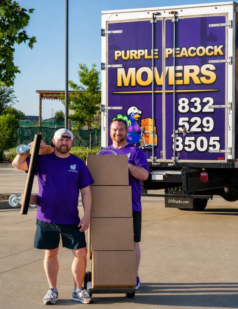 Derik and Chris with a dolly stacked with moving boxes behind the Purple Peacock truck